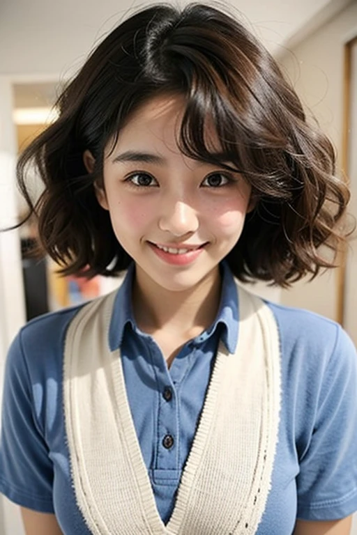 1girl, curly hair,, black eyes, upper teeth only, middle school student, school uniform, full face blush, light smile, blushing, crushing, 16 years old, legally a minor, asian, teenager, adolescent, 