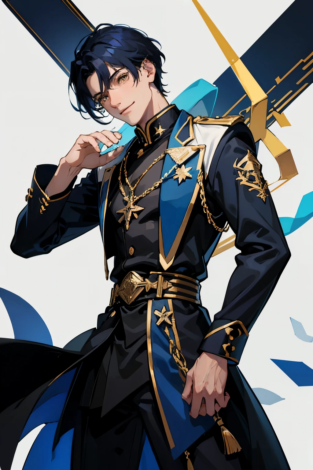 1 male, a men who is twenty-five year old, Dark-blue haired male character, Dark-blue medium-length hair, half body, high precision, fine, male character, HD face, fine eyes, yellow eyes like the star, modern clothing, black shirt, white tunic, single, black long-sleeved coat, dark circles, three-seven bangs, wizard, star, He is smiling, sharp, Innocent, cute smilling, adult, white background