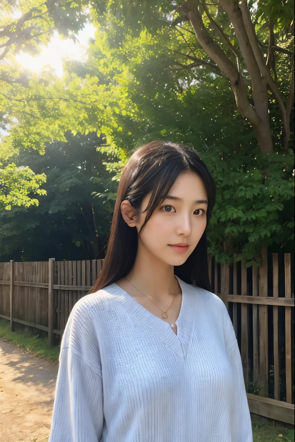(beautiful realistic japanese woman、20-year-old、beautiful woman)、Something strange seems to be happening、premonition、sun、air movement、(nature)、That&#39;s a miracle in a way？
