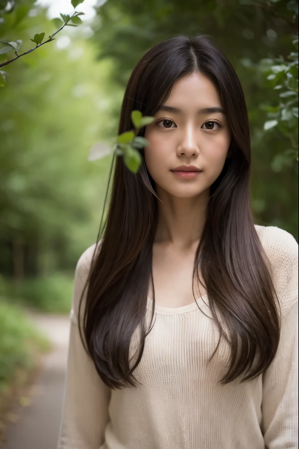 (beautiful realistic japanese woman、20-year-old、beautiful woman)、Something strange seems to be happening、premonition、sun、air movement、(nature)、That's a miracle in a way?