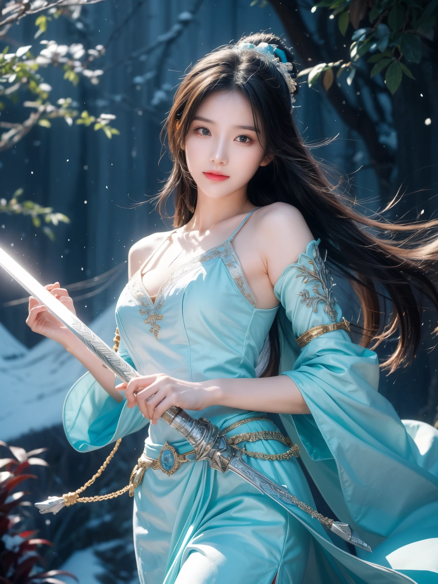Snow mountain sword painting method, Ancient style woman&#39;s cold ice flame sword, Holding a sword burning with blue flames, Dancing with a sword in white clothes, long hair flowing in the snow, Beautiful woman holding a silver sword, Wear jade jewelry, Her face is full of confident smile, She is suspended in the clouds like a fairy, Behind her are layers of mountains  