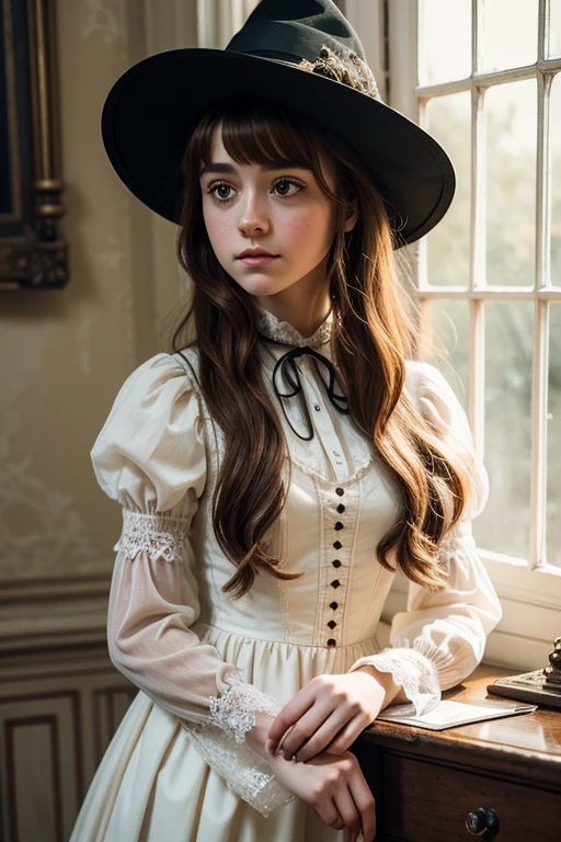 À la Fed image of a girl in a white lace dress and Leonardo da Vinci notes background, stunning young ethereal figure, portrait of a magical girl, portrait of a young witch girl, girl in steampunk clothes, musician girl in lace clothes, Natalia Dyer, Daphne Keen, portrait of a young witch, a girl with magical powers, inspired by Irakli Nadar, Inspired by William Mustoster Lockhart, top quality, detail, detail, masterpiece, high image quality  