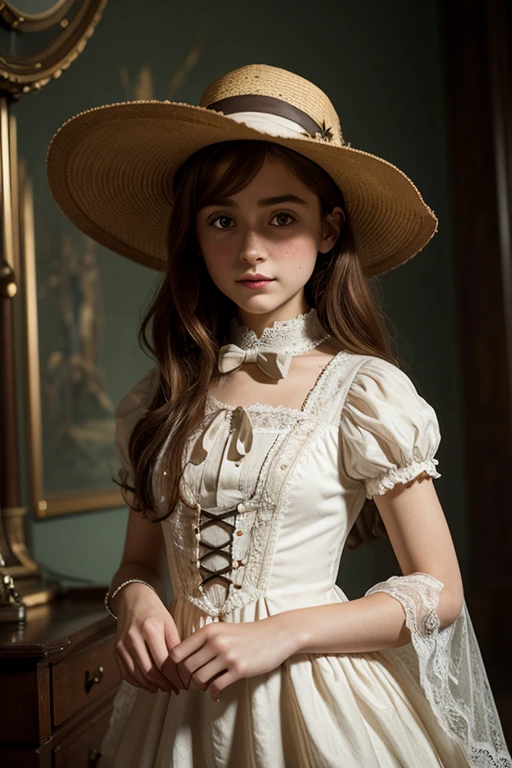 À la Fed image of a girl in a white lace dress and Leonardo da Vinci notes background, stunning young ethereal figure, portrait of a magical girl, portrait of a young witch girl, girl in steampunk clothes, musician girl in lace clothes, Natalia Dyer, Daphne Keen, portrait of a young witch, a girl with magical powers, inspired by Irakli Nadar, Inspired by William Mustoster Lockhart, top quality, detail, detail, masterpiece, high image quality  
