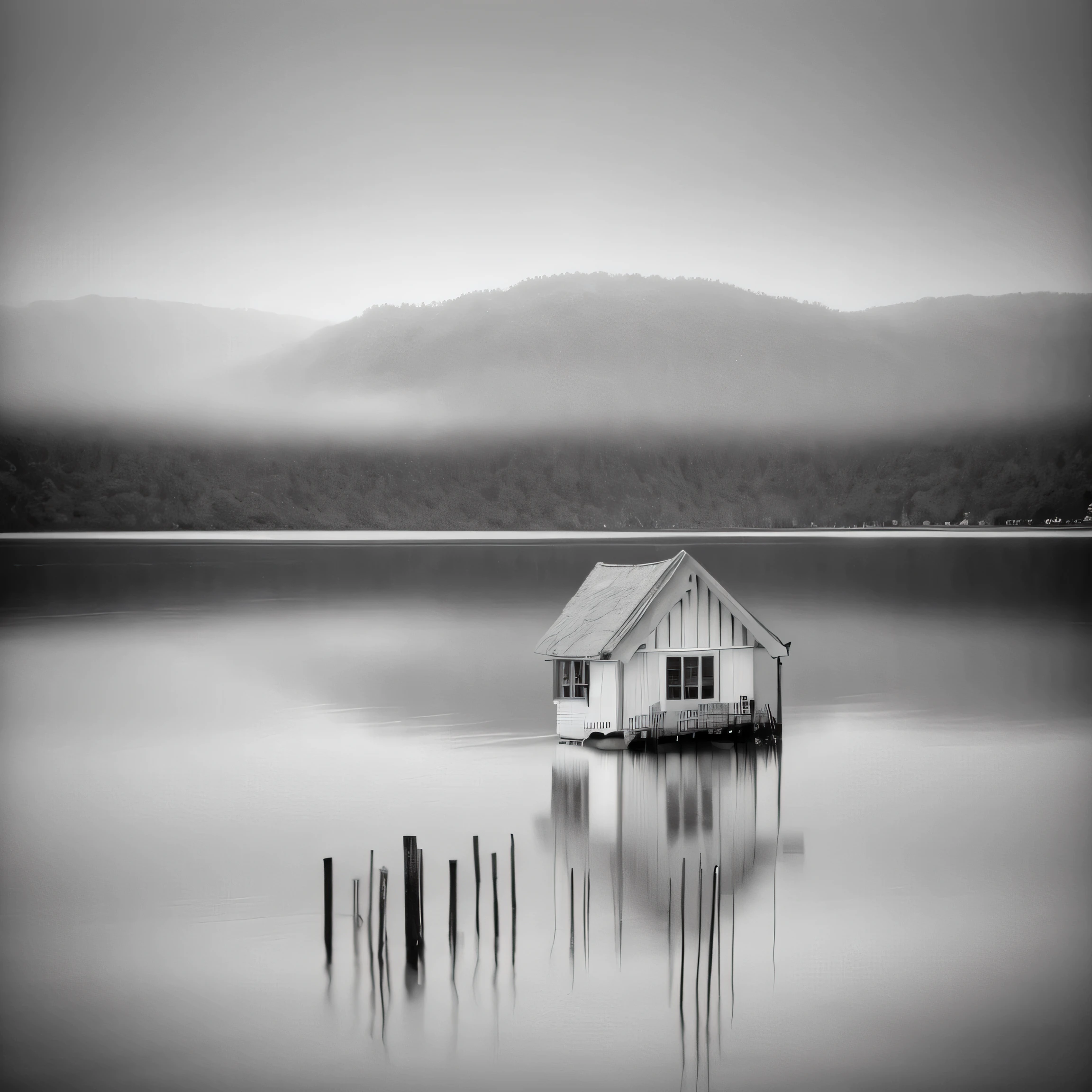 The prompt for generating a black and white minimalist photograph with an emphasis on a tranquil lake scene can be as follows:

"(best quality, highres:1.2), ultra-detailed, black and white photography, serene lake scene, minimalist composition, lake occupies the bottom 1/3 of the frame, a horizontal line separates the shore, a small white wooden house on the shore, white reflection in the lake, spacious surroundings, black emptiness."

Please note that this prompt focuses on the overall composition and mood of the photograph, describing the key elements such as the lake, the shoreline, the white wooden house, and the reflection, while emphasizing the black and white photography style and the minimalistic approach.