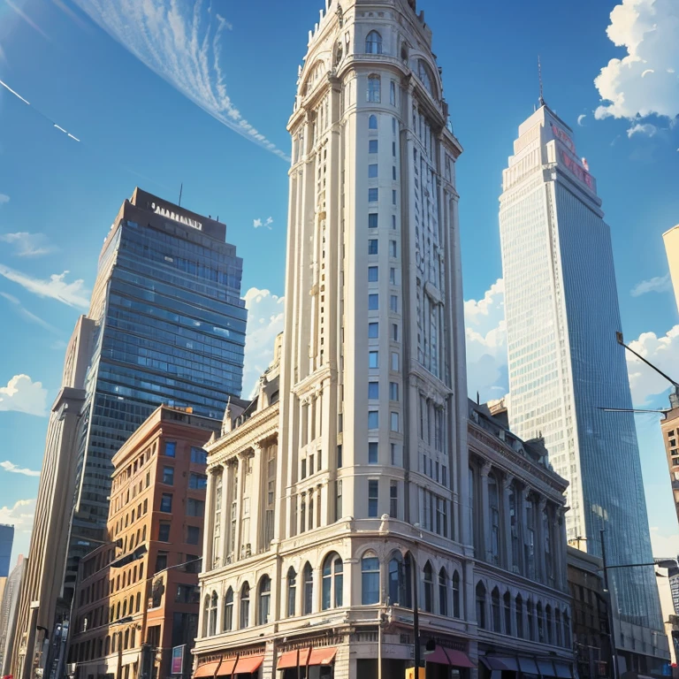 department store,ancient style architecture、Towering,Exterior of the entire building,wood,skyscraper,Towering,Located in a bustling downtown area,Individual buildings,blue sky and white clouds