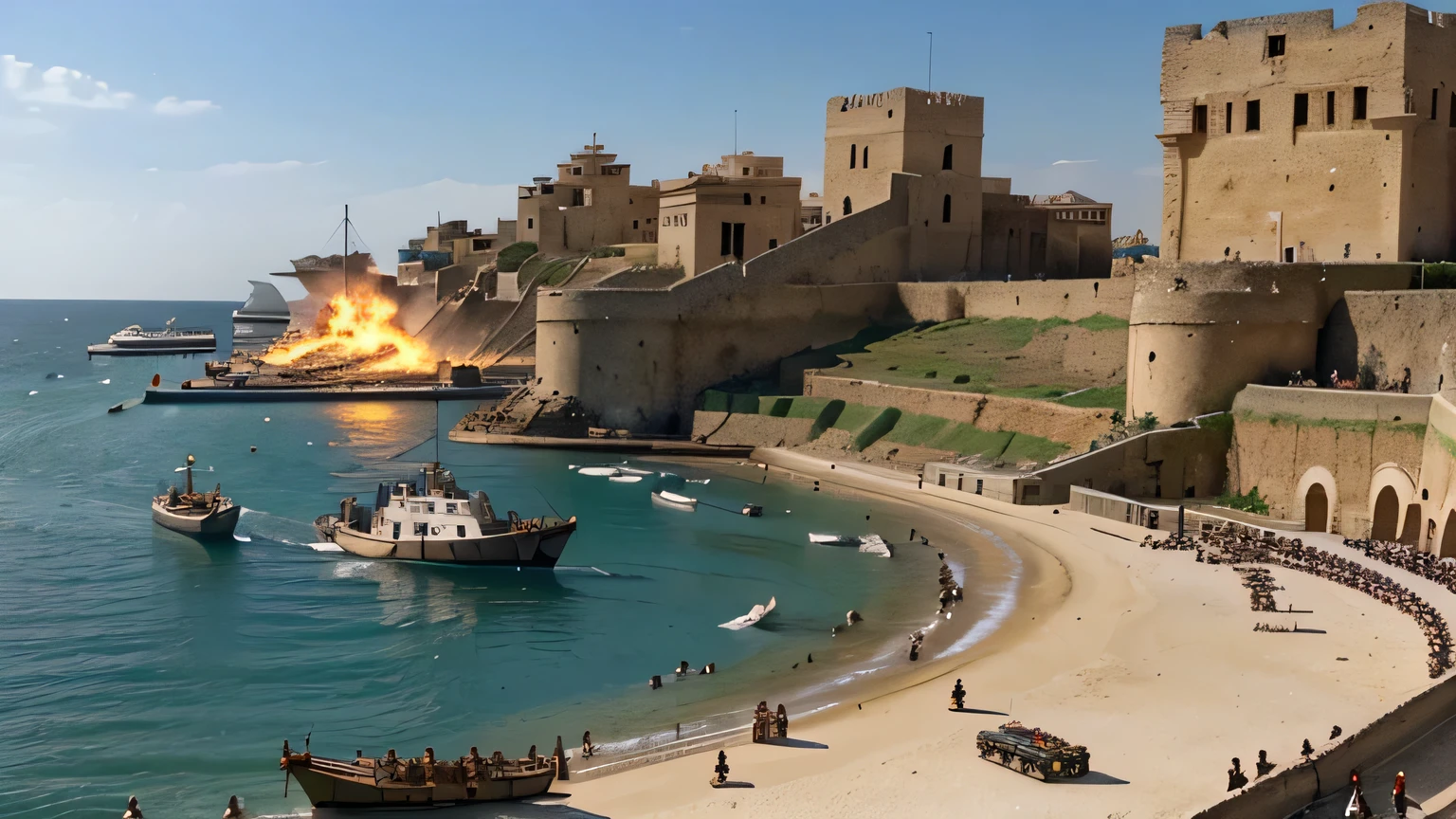 Visualize a fierce battle scene as Roman soldiers attack the port city of Aden. Show Roman warships in action, with catapults launching projectiles and soldiers storming the city walls, depicting the moment of disruption in Arab trade.