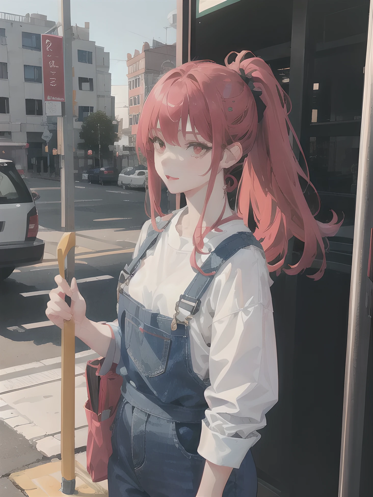 1girl, adult, long Red Ponytail, red eyes, wearing Overall, Bus stop, absurdres, high detailed eyes and face, high res, ultrasharp, 8K, masterpiece, photorealistic, High quality, Sit at the bus stop