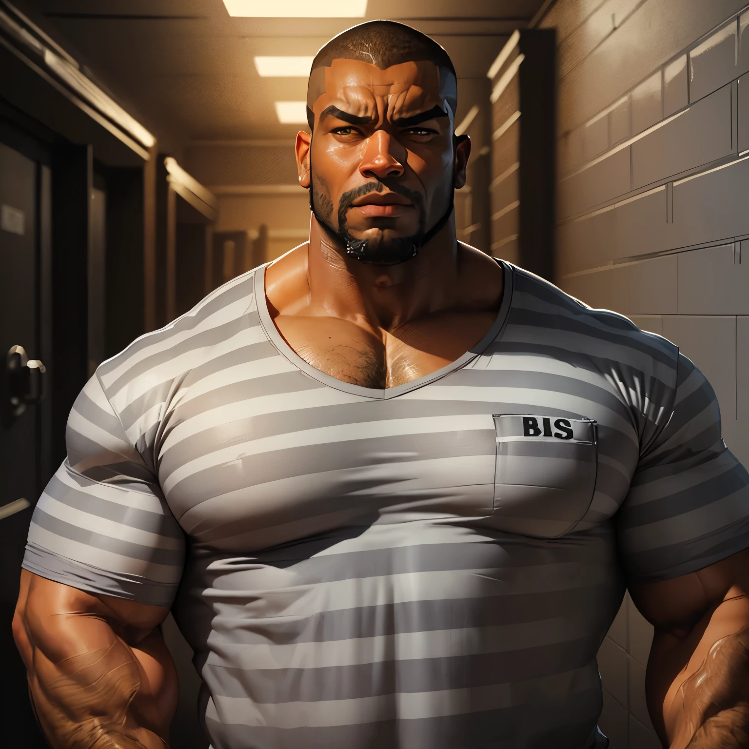 an exaggeratedly muscular and large bodyguard, beefy build, beard, dark-skinned african american male, buzzcut hair with square line, (worried expression: 1.2), (wearing striped grey prison shirt: 1.2), barely buttoned, school logo on shirt, (bara pecs: 1.3), (arm and chest hair: 1.1), portrait HD, dutch angle, (dirty prison hallway)