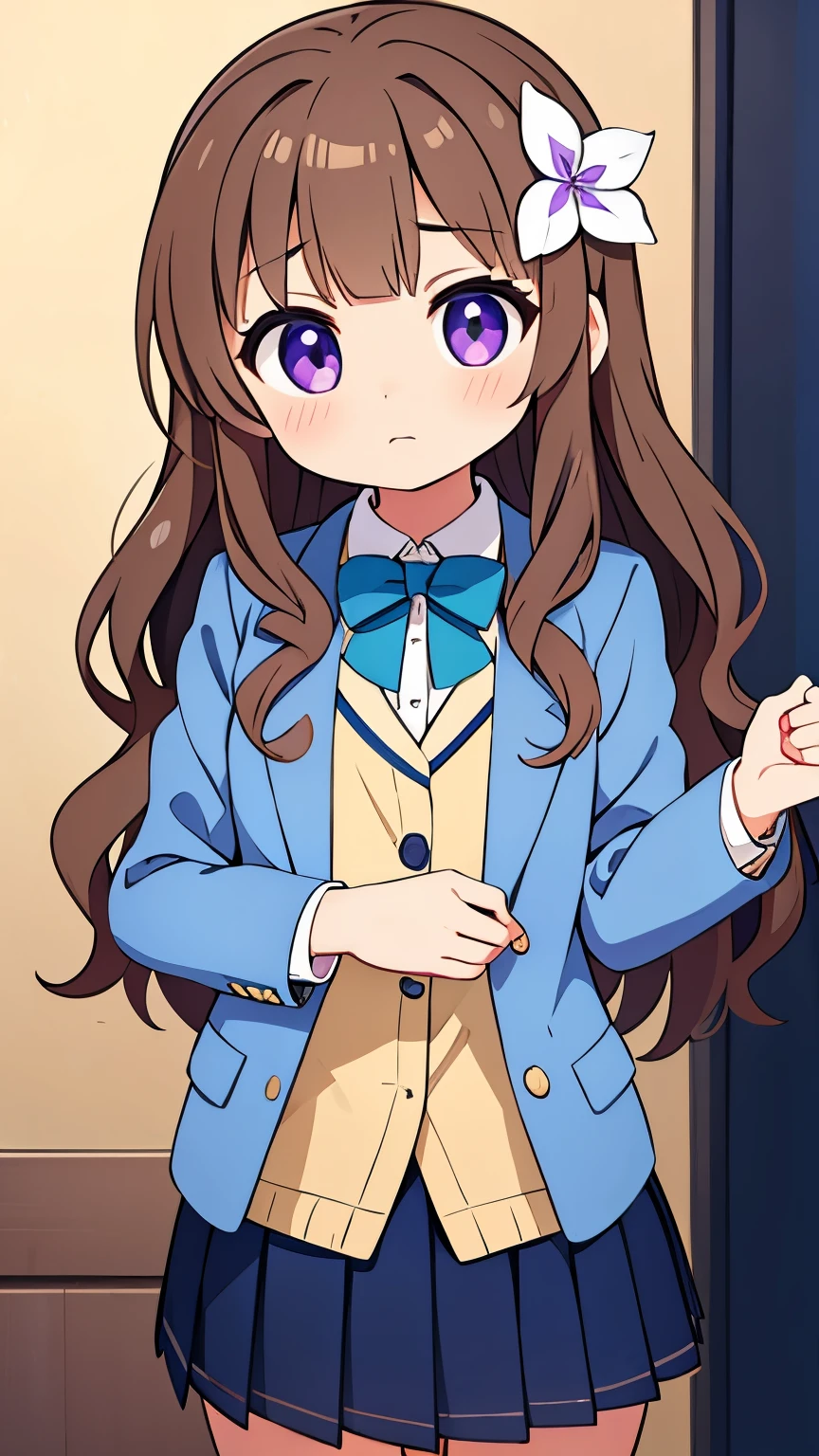 14 year old beautiful girl,light brown hair,long wavy hair,Light blue blazer,navy pleated skirt,A small flower ornament on the right,Violet eyes,drooping eyes