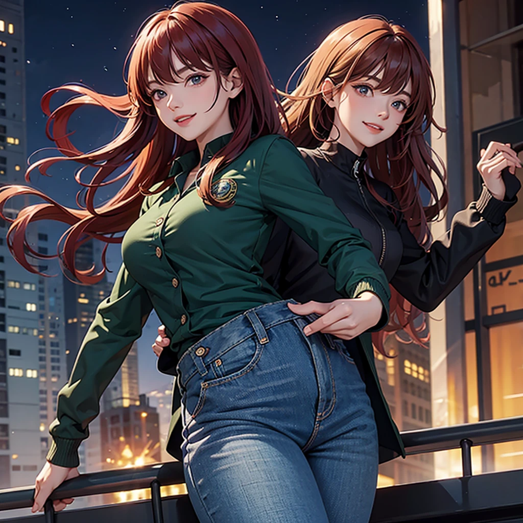 1woman, green crop jacket, in body black shirt, blue jeans pant suit, long hair, red hair colour, red eyes, background buildings complex, night time, smile cute, 