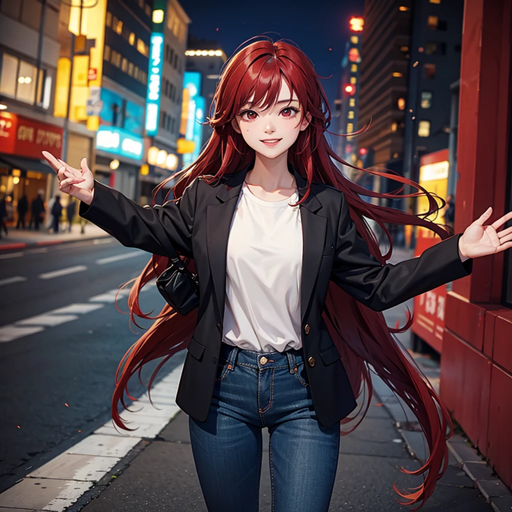 1woman, green crop jacket, in body black shirt, blue jeans pant suit, long hair, red hair colour, red eyes, background buildings complex, night time, smile cute,
