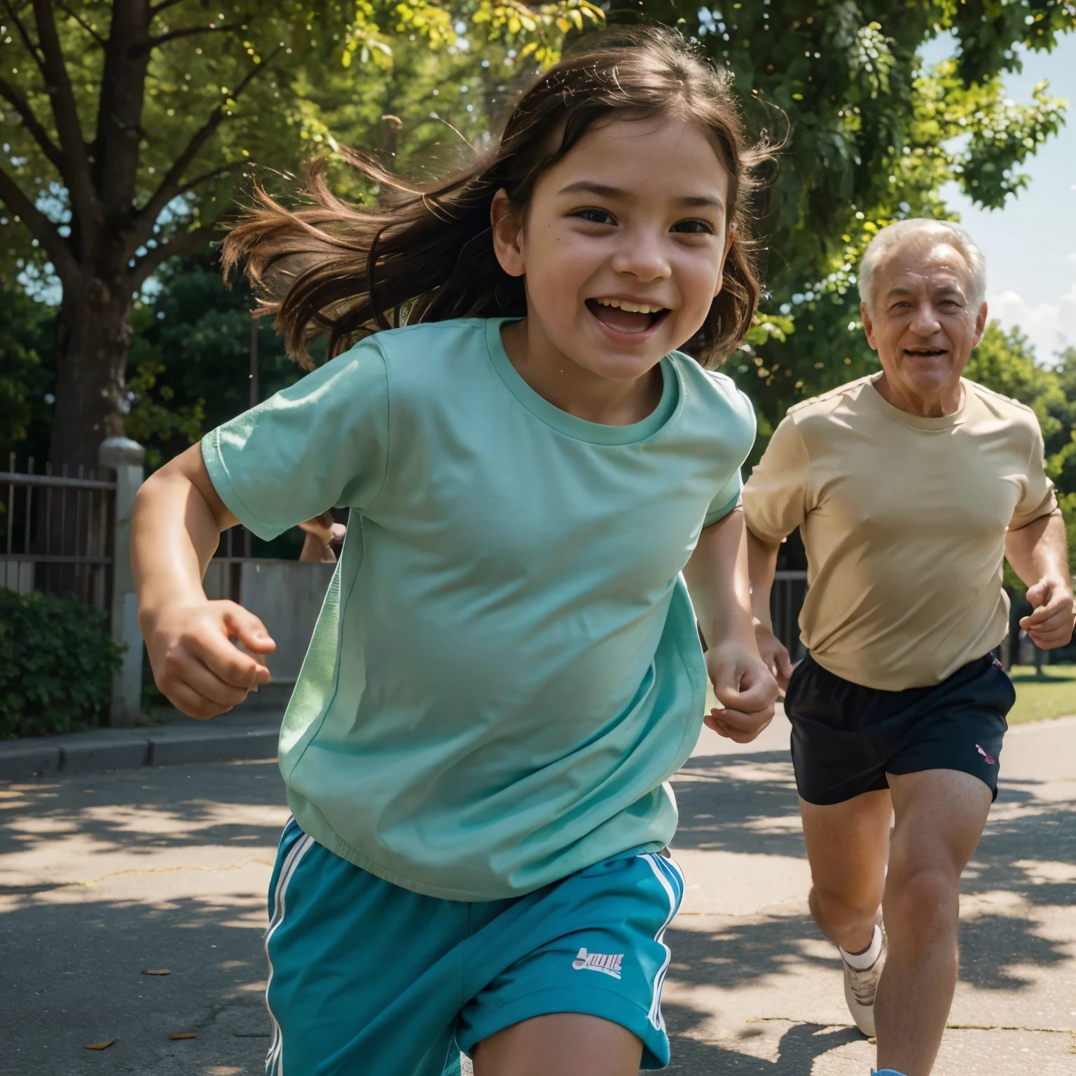 best quality, ultra-detailed, realistic, children, baby girl, boy, girl, old man, running desperately, chasing, lively background, park scenery, vibrant colors, sunlight, joyful expressions, detailed features of children's faces, wrinkled face of the old man, dynamic poses, clothing blowing in the wind, diverse textures, oil painting style, fine brush strokes, vibrant colors, strong contrast, soft lighting, happy atmosphere