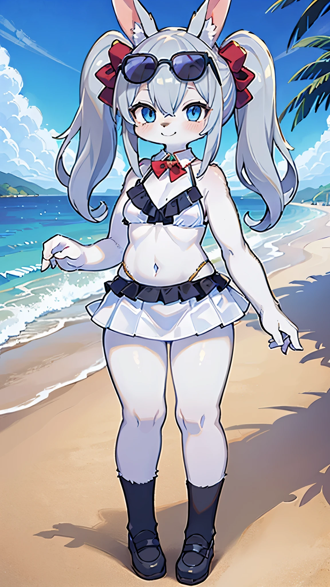 (((masterpiece))), (((highest quality))), intricate details, 8k, White rabbit ears, whole body, one woman, blue eyes, slender body shape, anime, tall height, (((White skirt style frill bikini))), furry, in the middle, smile, twin tails, Are standing, beach, gray hair, Wear sunglasses on your head,