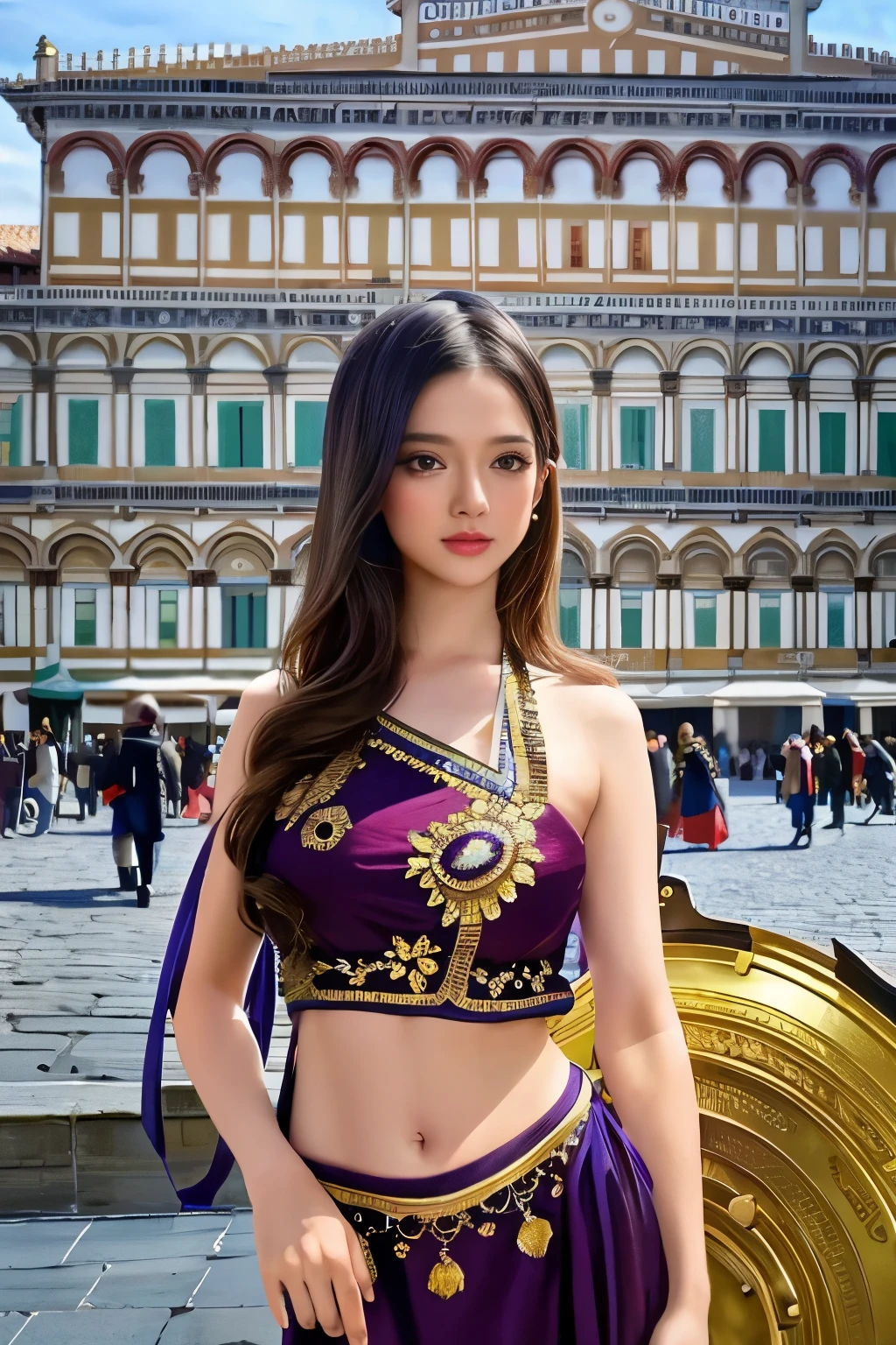 Model shooting style, (extremely detailed CG Unity 8k wallpaper), full-shot body photo of the most beautiful artwork in the world, stunning beautiful photo realistic available, super realistic super detailed photo, a beautiful girl as a female dancer on the streets of Florence, navel, complex dress, banquet, crowd, [slight smile], (Palazzo Vecchio and Piazza della Signoria background), (princess eyes, shining pupils), detailed symmetrical beautiful hazel eyes, detailed gorgeous face, highly detailed, Vibrant, professional majestic oil painting by Ed Blinkey, Atey Ghailan, Studio Ghibli, Jeremy Mann, Greg Manchess, Antonio Moro, ArtStation Trends, CGSociety Trends, Complex, High Detail, Sharp Focus, Dramatic, Realistic Painting Art, by Midjourney and Greg Written by Rutkowski