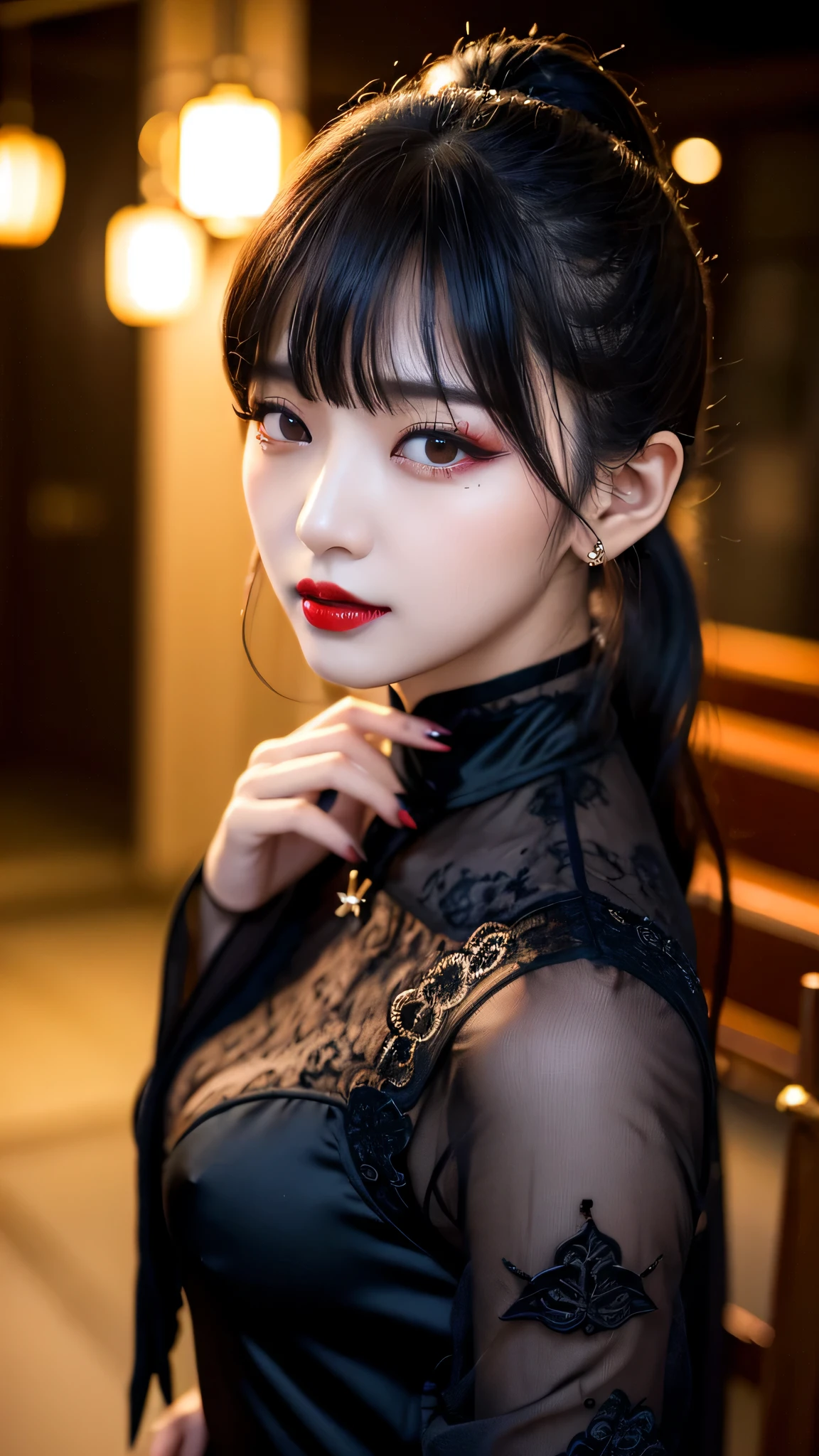 tra-detailed、Japanese、attractive beauty、seductive adult woman、pretty woman、piercing eyes、cool girl、short ponytail、wavy hair、swept bangs、Long Black Cheongsam、wide sleeves、Evil cadres、evil depravity、brainwash、mind control、lipstick、lip gloss、dark makeup、smirk、whisper in your ear、Evil expression、evil、hollow eyes,half-closed eyes、empty eyes、evil、church at night、vampire、succubus、vampire、Swear allegiance、sexy pose、hair ornaments、