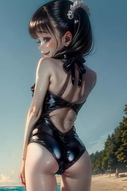 girl、solo、、swimsuit one piece、seductive pose、smile、beach、Frolic with the waves、Fascinating masturbation、bare ass、