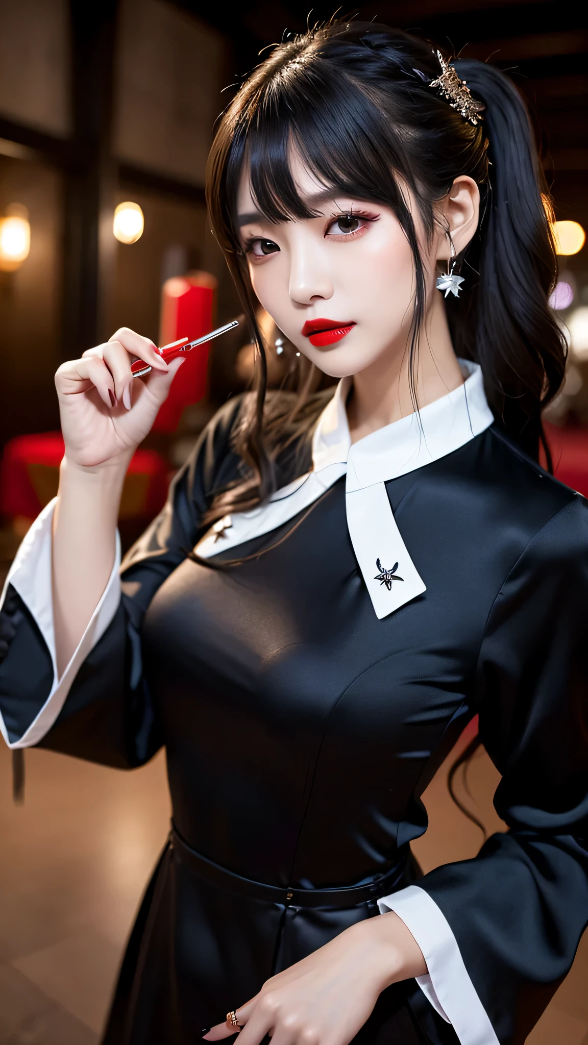 tra-detailed、Japanese、attractive beauty、seductive adult woman、pretty woman、piercing eyes、cool girl、short ponytail、wavy hair、swept bangs、Long Black Cheongsam、wide sleeves、Evil cadres、evil depravity、brainwash、mind control、lipstick、lip gloss、dark makeup、smirk、whisper in your ear、Evil expression、evil、hollow eyes,half-closed eyes、empty eyes、evil、church at night、vampire、succubus、vampire、Swear allegiance、sexy pose、hair ornaments、