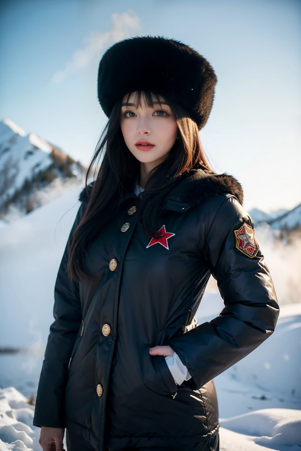 ((best quality)), ((masterpiece)), (detailed), perfect face, beautiful female, tall body, black hair, long hair, winter military uniform, thick winter combat suit, ushanka, ushanka with a red star in the middle, standing in the middle of a snowy mountain, breath emitting steam, sharp gaze at the viewer, badass looking, cool face
