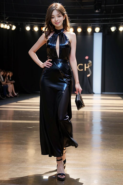 japanese woman, 16 years old, 1 girl, (smile:1.6) ,amazingly beautiful girl, Full body Esbian,expensive_couture, designer dresses, high heels,high fashion, dynamic angle, fashion show, (Indoor runway:1.4),long shaped face, beautiful face, Black eyes, Sandy blonde side swept hair, short hair, long ringlets, catwalk,red carpet,colorful confetti, Bright colors, table top, highest quality, absurd, highest quality, amazing details, 8K, beautiful,perfect lighting,