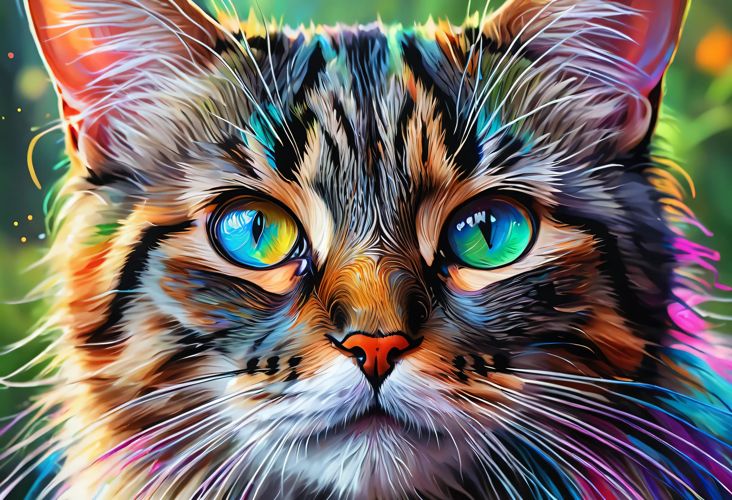 painting of a Cat with a colorful face and long whiskers, Cat. digital painting, 4k very detailed digital art, Beautiful art UHD 4K, detailed painting 4k, digital painting very detailed, 4k detailed digital art, very detailed digital painting, digital art. very detailed, very detailed digital art, very detailed digital artwork, stunning digital painting