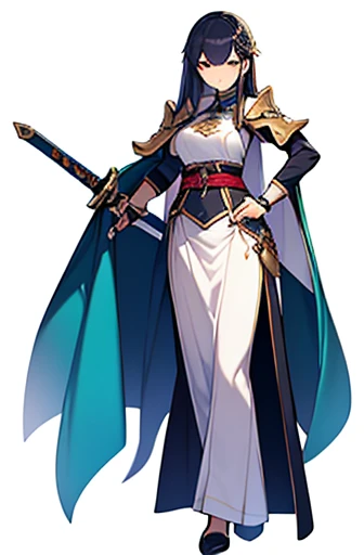 adult female, sword, holding sword, white background, full body, solo,, fantasy cloth, stand posture, looking at viewer,
