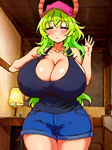 Lucoa, 1girl, solo, closes eyes, demon horns, (gigantic breasts:1.10), pink headwear, black tank top, denim shorts, best quality:1.2, beautiful, high quality, highres:1.1, detailed, extremely detailed, ambient soft lighting, 4K, perfect lighting, nice hands, perfect hands, Big hips (gigantic ass 1.05), look at the viewer, in a room