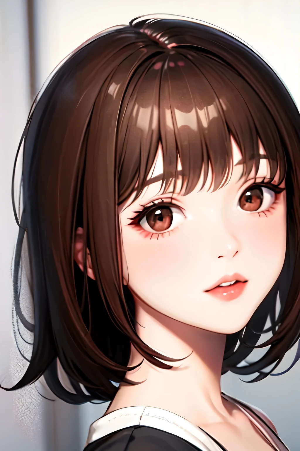 brown hair, brown eyes, round face girl with small eyes and small lips