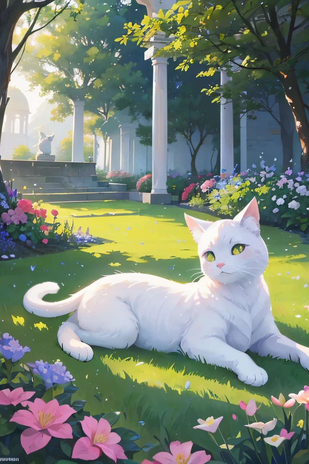 A tranquil garden bathed in the soft light of dawn serves as the backdrop for a scene of serene beauty. In the midst of this idyllic setting sits a magnificent off-white cat, its fur glowing like spun silk in the morning sun. Describe the cat's regal posture and gentle demeanor as it surveys its surroundings with eyes that reflect the wisdom of ages, emanating an aura of quiet elegance and grace