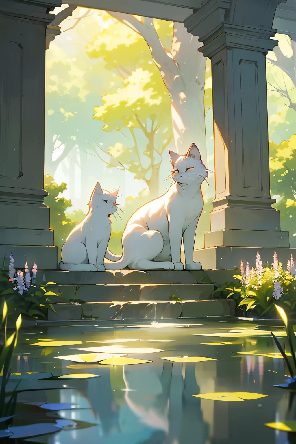 A tranquil garden bathed in the soft light of dawn serves as the backdrop for a scene of serene beauty. In the midst of this idyllic setting sits a magnificent off-white cat, its fur glowing like spun silk in the morning sun. Describe the cat's regal posture and gentle demeanor as it surveys its surroundings with eyes that reflect the wisdom of ages, emanating an aura of quiet elegance and grace