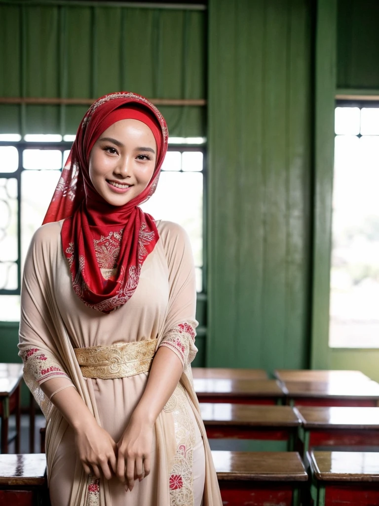 cinematic silhouette of an Indonesian girl wearing a hijab, sweating, posing facing the camera, smiling seductively, wearing authentic sexy Balinese traditional clothing, the top is slightly nude and there is a white and red shawl and the other is colorful, the place is in a school classroom and behind it are lots of students and rocks Aesthetic Saturday. the photo is very detailed