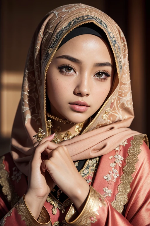 .masterpiece:1.2, best quality), realistic, (real picture, intricate details, depth of field), (1girl, solo), make up, parted lips, highly-detailed, perfect face, (skindentation), glossy coral lips, (A girl wearing full hijab, Islamic clothes), blushing, Raiden baal (Raiden shougn) from genshin impact,high-detailed hands,