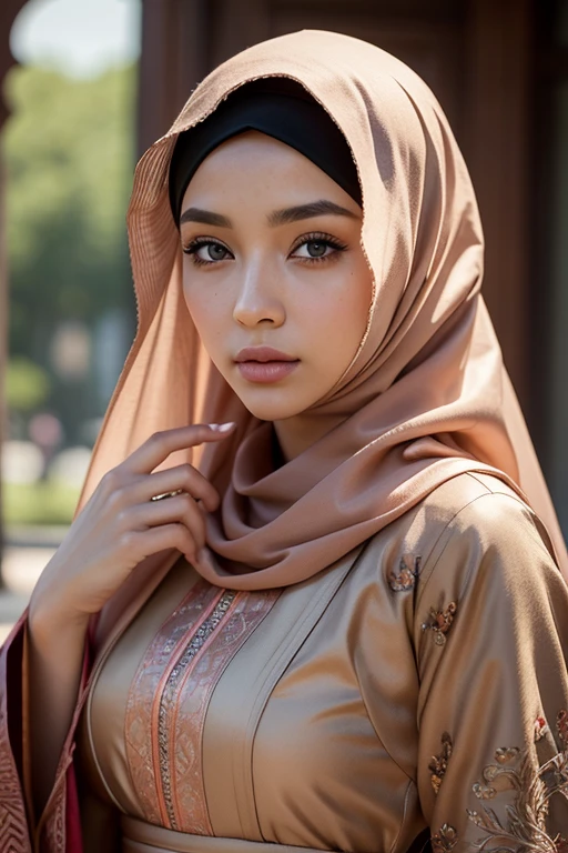 .masterpiece:1.2, best quality), realistic, (real picture, intricate details, depth of field), (1girl, solo), make up, parted lips, highly-detailed, perfect face, (skindentation), glossy coral lips, (A girl wearing full hijab, Islamic clothes), blushing, Raiden baal (Raiden shougn) from genshin impact,high-detailed hands,
