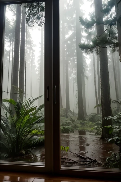 forest rainy day, indoor view