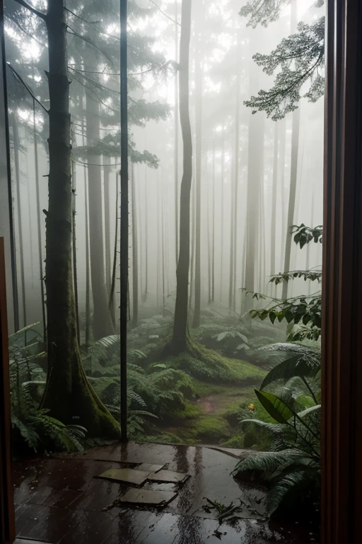 forest rainy day, indoor view