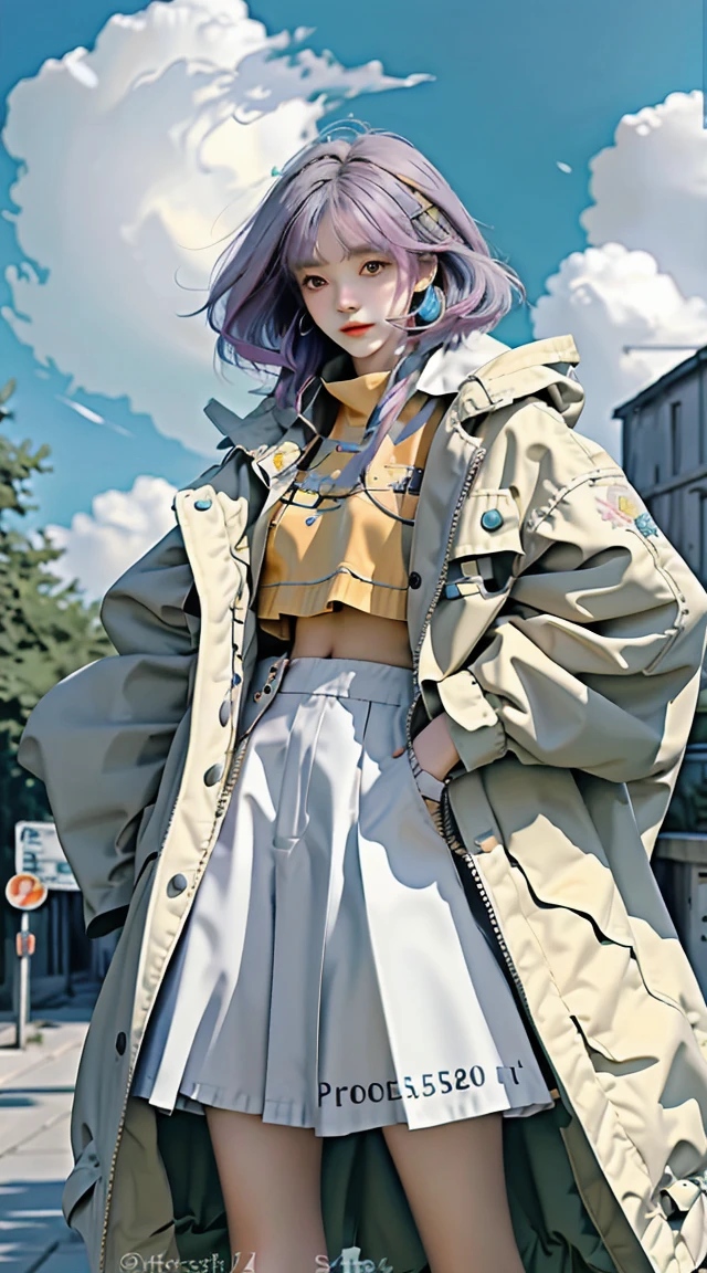 masterpiece, best quality, spring clothing，coat，short skirt, colorful hair,  outdoor,cloud ,whole body