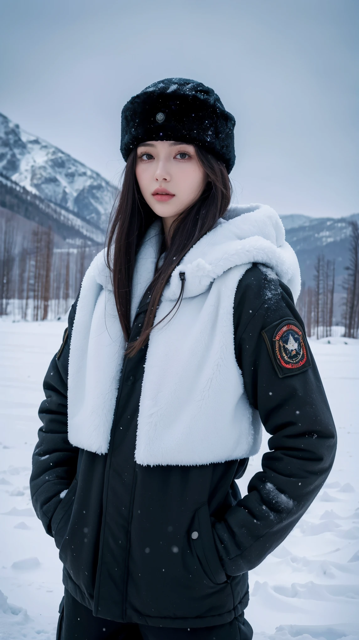 ((best quality)), ((masterpiece)), (detailed), perfect face, beautiful female, tall body, black hair, long hair, winter military uniform, thick winter combat suit, ushanka, ushanka with a red star in the middle, standing in the middle of a snowy mountain, breath emitting steam, sharp gaze at the viewer, badass looking, cool face, Hands put in pockets