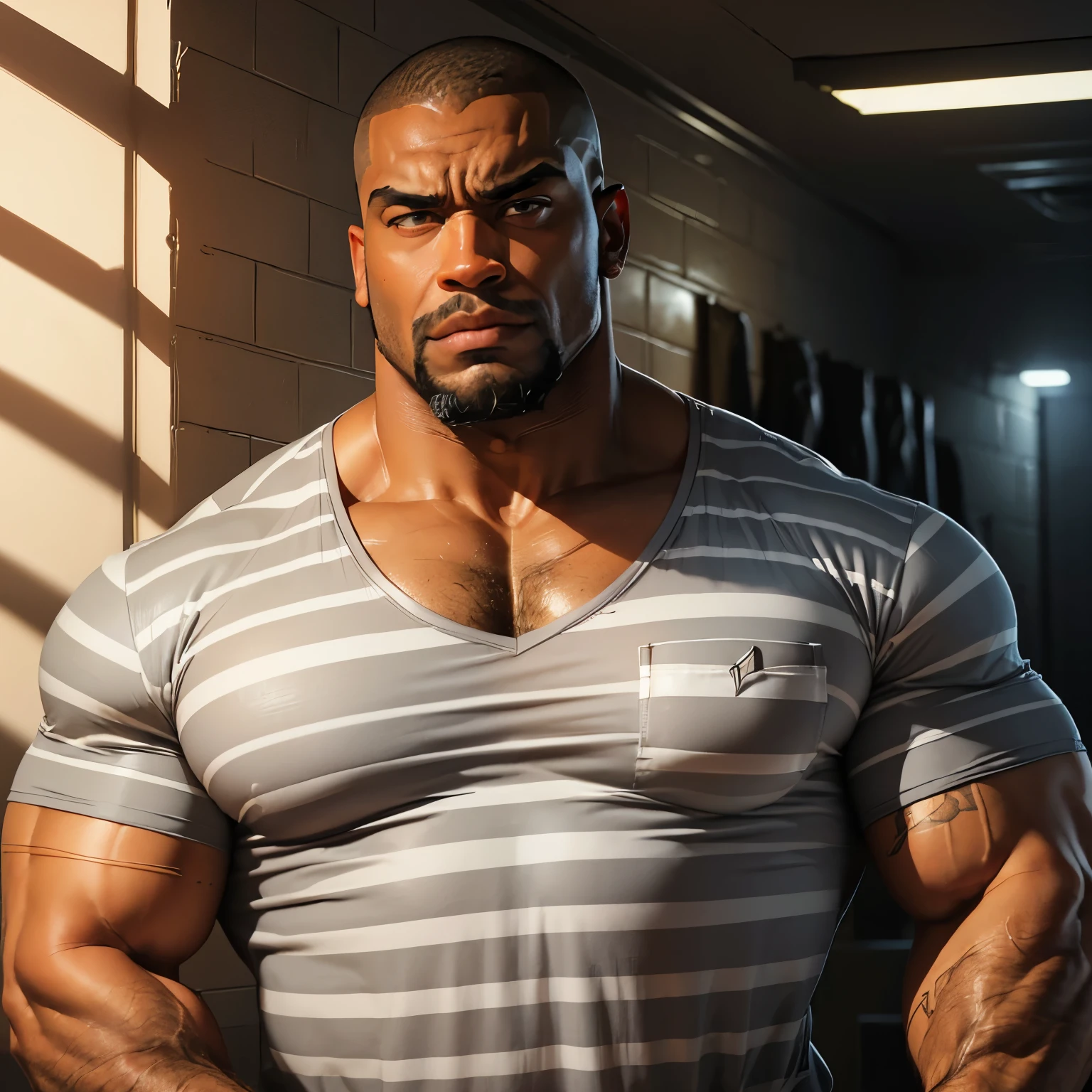 an exaggeratedly muscular and large bodyguard, beefy build, beard, dark-skinned african american male, buzzcut hair with square line, (surprised expression: 1.2), (wearing striped grey prison shirt: 1.2), barely buttoned, school logo on shirt, (bara pecs: 1.3), (arm and chest hair: 1.1), portrait HD, dutch angle, (dirty prison hallway)