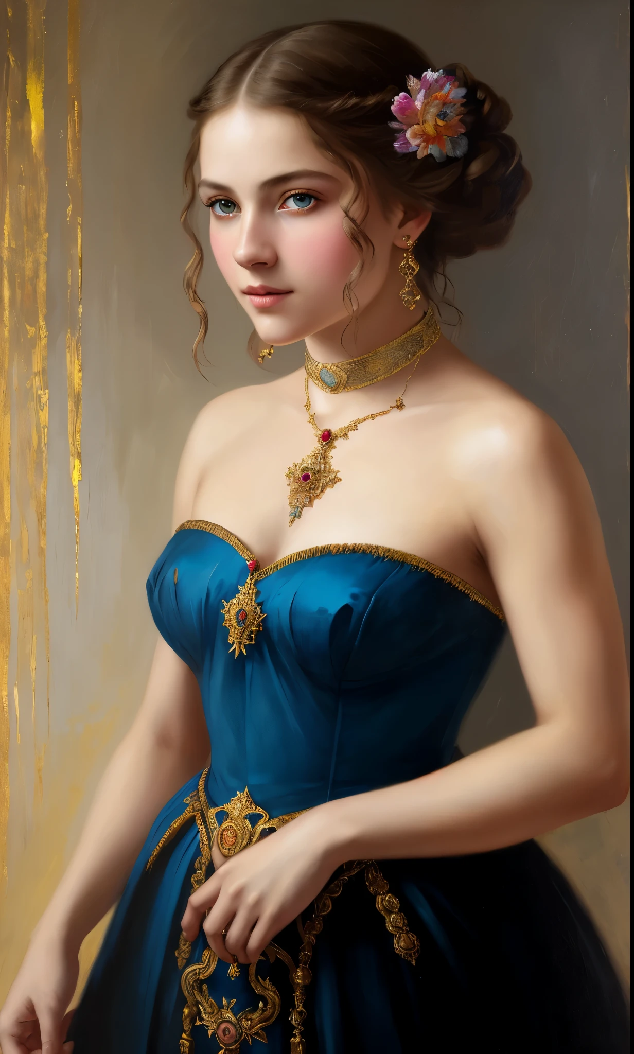 portrait, girl, middle ages, classicism, andrey atroshenko style, painting, pierced eyes, beautifully styled hair, traditional media, realistic, figurative, fine art, oil on canvas, HDR, 8K, original character, high resolution, vivid colours, high detail, focus on the face, beautiful eyes 