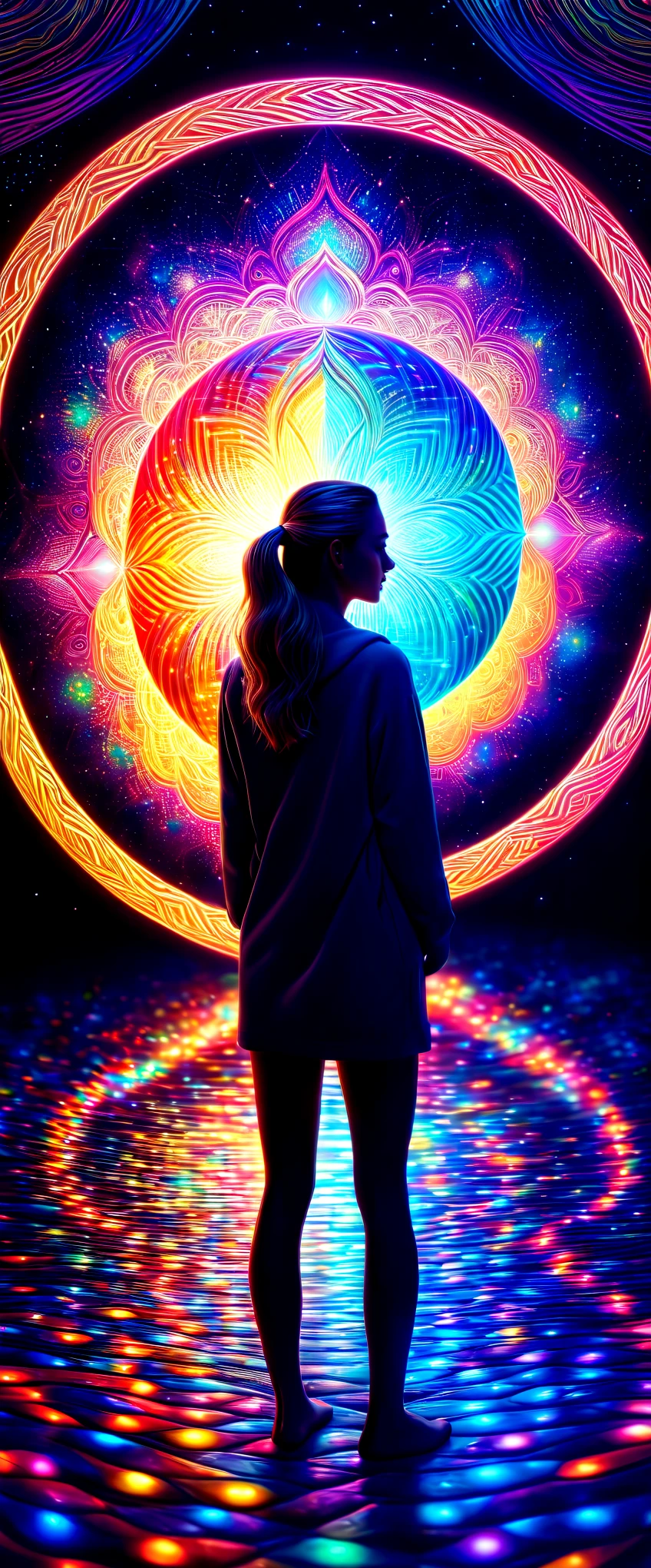 Brandon Woelfel と Alex Grey (1.07) A thought-provoking optical illusion art piece created by、Rendered in digital painting with cinematic lighting setup、It showcases highly detailed and intricate dream-like elements.。Boasting strong focus and dramatic lighting、Every detail is brought out in the best quality and ultra-fine way、The result is a masterpiece in 8K resolution that evokes the surreal beauty of the depicted scenes.。