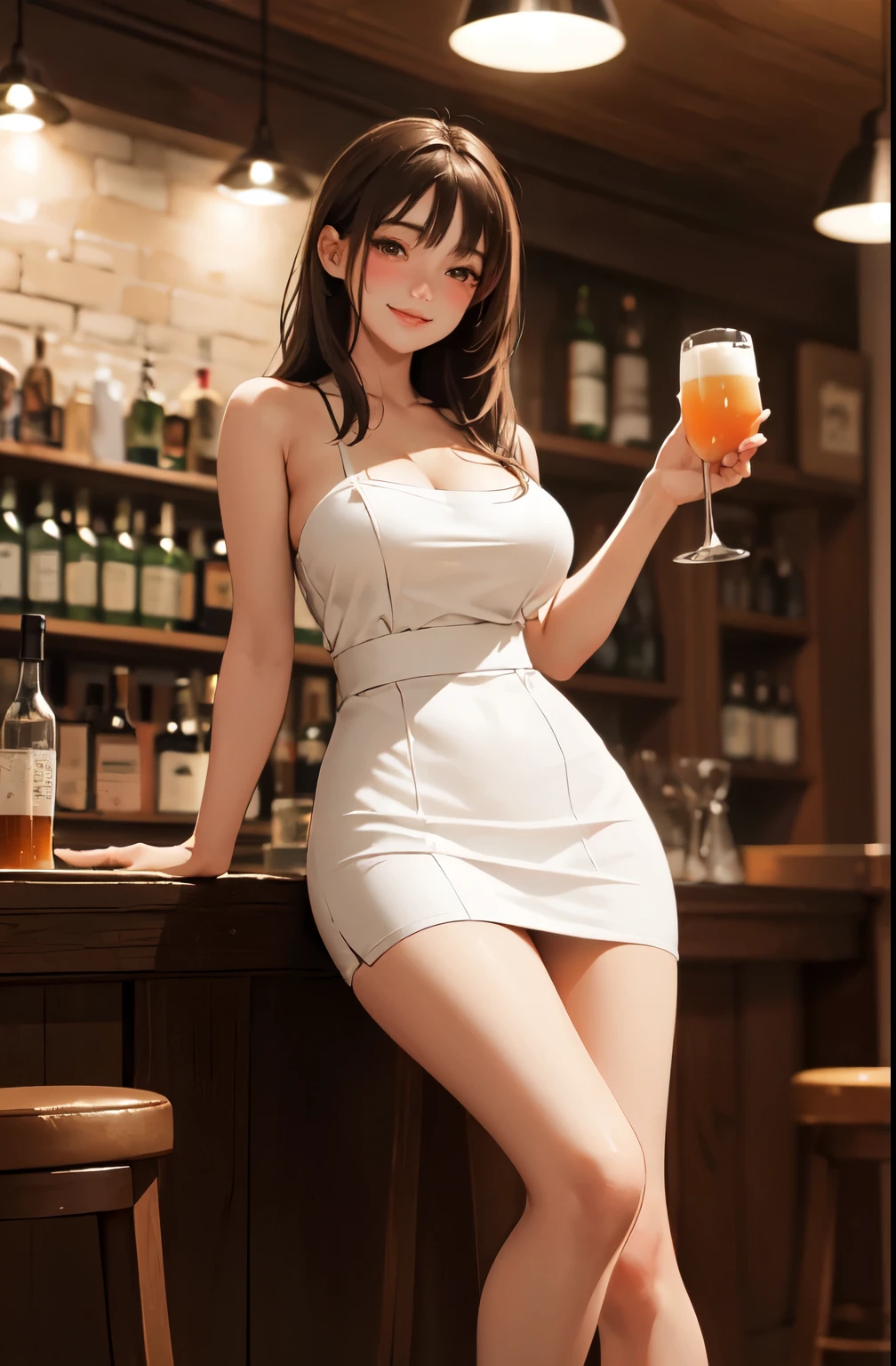 (Highest quality,masterpiece:1.3,Ultra-high resolution),(Very detailed、Caustics) (Realistic:1.4, RAW shooting、)Ultra-Realistic Capture、Very detailed、Natural skin texture、masterpiece、(A Japanese elementary school student wearing a silver sequined dress:1.3)、(The dress has a Budweiser beer pattern on it.:1.5)Adorable expression、Expressions of happiness、、height: 140cm、Baby Face、Pure、Amazingly cute、Twin tail hairstyle、Curly Hair、ribbon、necklace、Black Hair、Large Breasts、Shining thighs、Shining ass、Shooting on the rooftop of a city building、Night photography、Overlooking the buildings in the background、smile、An inviting gaze、(Anatomically correct)、Cowboy Shot、Attention to detail、