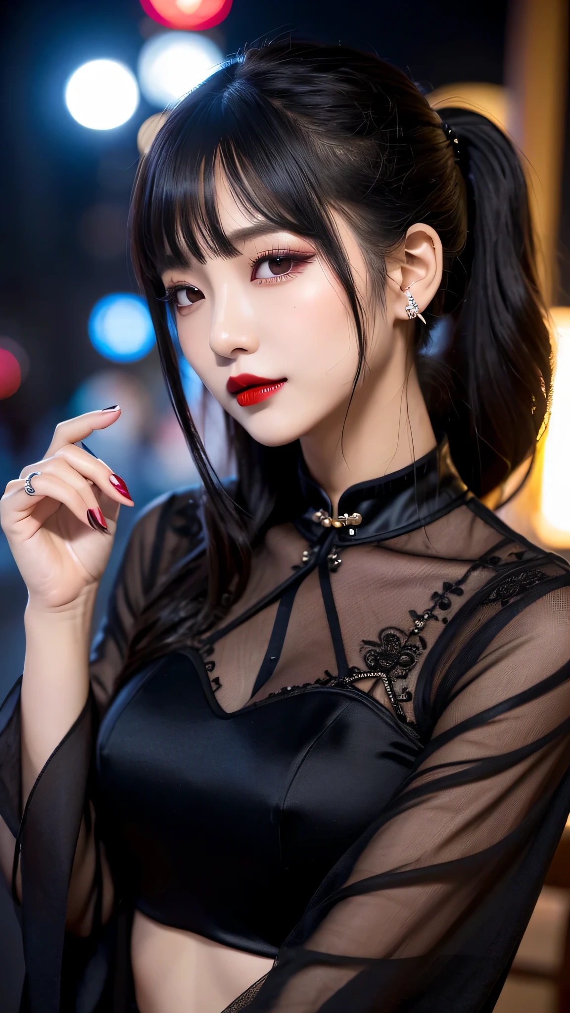 tra-detailed、Japanese、attractive beauty、seductive adult woman、pretty woman、piercing eyes、cool girl、short ponytail、wavy hair、swept bangs、Long Black Cheongsam、wide sleeves、Evil cadres、evil depravity、brainwash、mind control、lipstick、lip gloss、dark makeup、smirk、whisper in your ear、Evil expression、evil、hollow eyes,half-closed eyes、empty eyes、evil、church at night、vampire、succubus、vampire、Swear allegiance、sexy pose、hair ornaments、