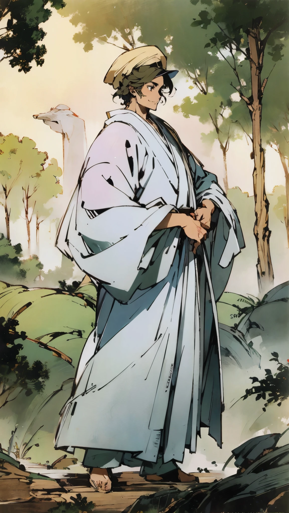 A young man wearing a scholar's square cap, clear and bright eyes, a dignified and refined face, a friendly smile, short hair is peeking out the cap, tall and slender figure, a fantasy-style scholar's long robe coat with a long hem, wide sleeves, loose trousers, bathed in sunlight amidst the gentle breeze of the woods, this character embodies a finely crafted fantasy martial arts-style scholar in anime style, exquisite and mature manga art style, high definition, best quality, highres, ultra-detailed, ultra-fine painting, extremely delicate, professional, perfect body proportions, golden ratio, anatomically correct, symmetrical face, extremely detailed eyes and face, high quality eyes, creativity, RAW photo, UHD, 32k, Natural light, cinematic lighting, masterpiece-anatomy-perfect, masterpiece:1.5