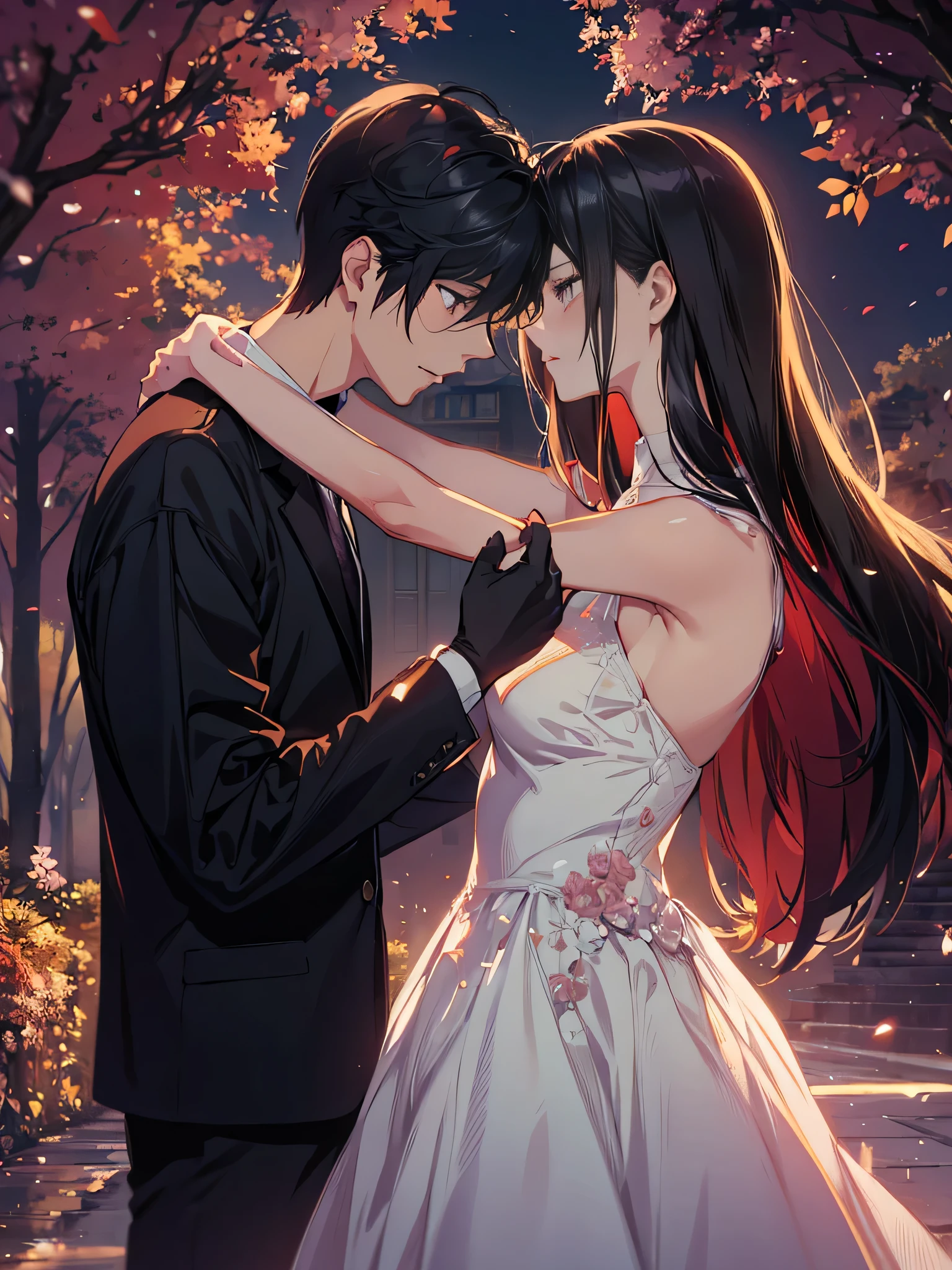 anime couple in a wedding dress embracing in a park, artwork in the style of guweiz, beautiful anime, smooth anime cg art, guweiz and makoto shinkai, makoto shinkai and tom bagshaw, beautiful anime style, 4 k manga wallpaper, guweiz on pixiv artstation, charlie bowater and artgeem