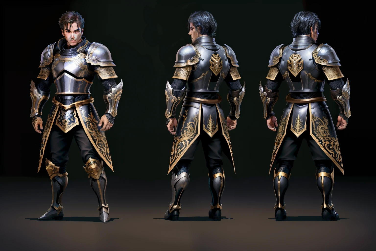 (full body,ultra quality,high detailed,intricate:1.1) a male human knight wearing armor, (no weapon), dark background, (dramatic lighting:1.1), (epic battle pose). plusieurs vue, de face, back and side back