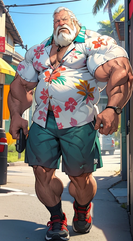 chubby old man in street city, old man, thick arm, huge arm, bearded. white hair and beard, bearded, muscular, pectoral, wide pectoral, beach, palm, realistic, 8k, masterpiece, (wearing shorts and white Hawaiian shirt, shoes)