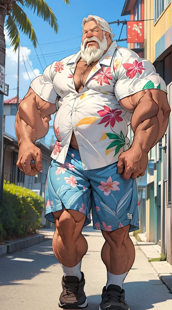 chubby old man in street city, old man, thick arm, huge arm, bearded. white hair and beard, bearded, muscular, pectoral, wide pectoral, beach, palm, realistic, 8k, masterpiece, (wearing shorts and white Hawaiian shirt, shoes)