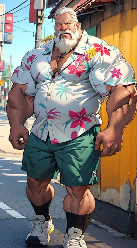 chubby old man in street city, old man, thick arm, huge arm, bearded. white hair and beard, bearded, muscular, pectoral, wide pectoral, beach, palm, realistic, 8k, masterpiece, (wearing shorts and white Hawaiian shirt, shoes)