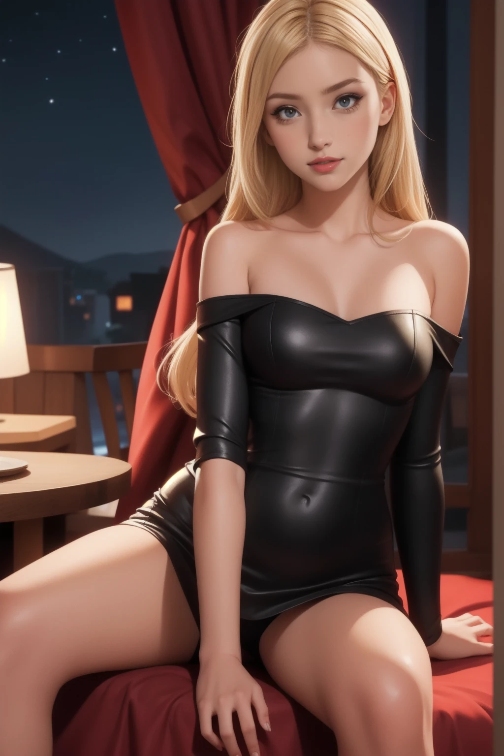 Cute girl,realistic, girl alone, blonde, Red eyes, sparkling eyes, parted lips, night, is sitting, , , a vampire, a vampire, off the shoulder