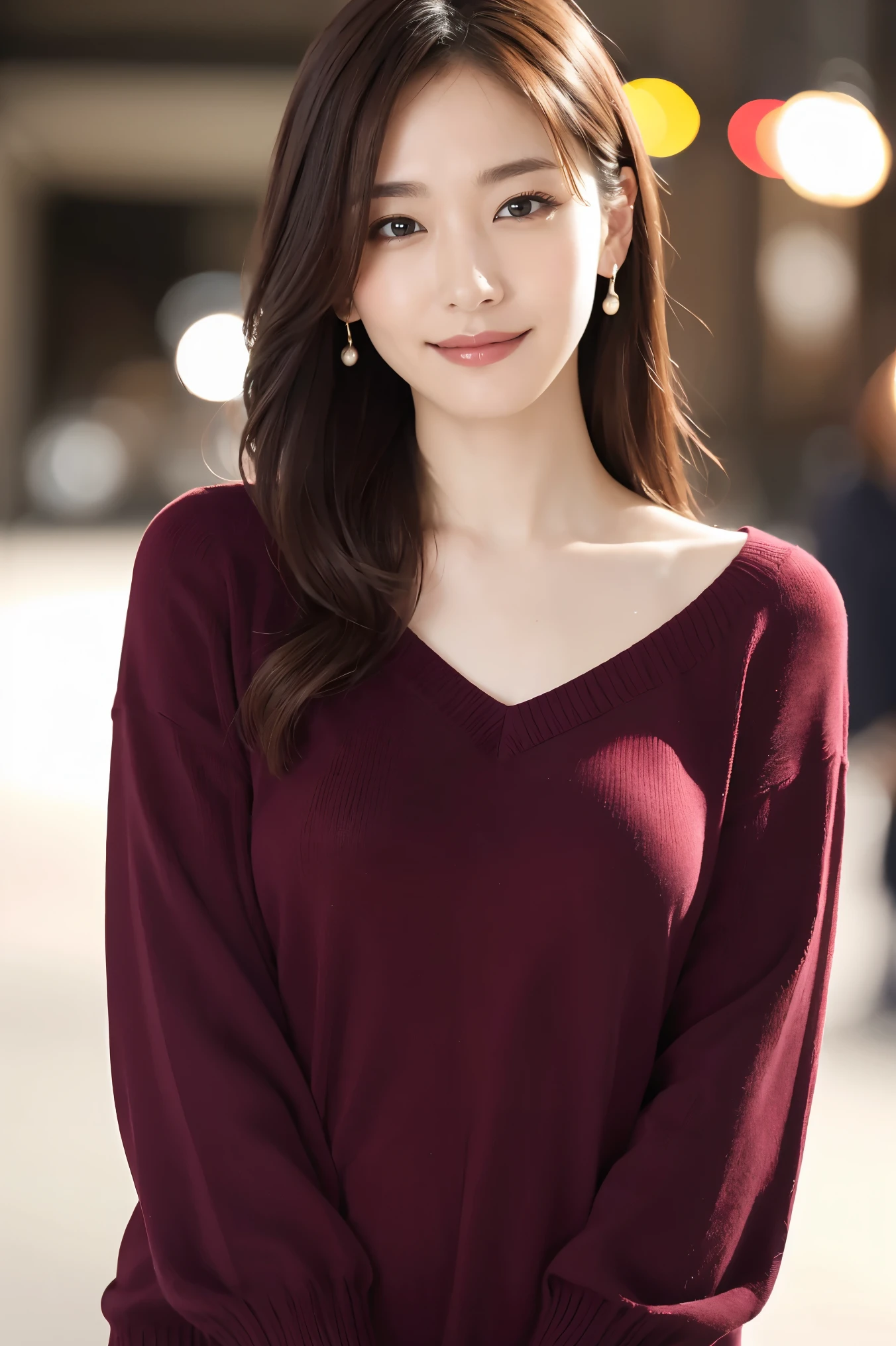(highest quality、table top、8K、best image quality、Award-winning work)、one beautiful woman、25 years old、perfect dynamic composition、big and full breasts、[clavicle]、(Wine red thick V-neck knit:1.1)、(Knit that fits perfectly to the body:1.1)、(perfect v-neck knit sweater:1.1)、(Slightly pregnant:1.1)、(full body photo:1.2)、look at me and smile、(Strongly blurred Shinjuku background:1.1)、stand gracefully、droopy eyes、natural makeup、Ultra high definition beauty face、Ultra HD Hair、Ultra-high definition sparkling eyes、Super high resolution glossy lips、accurate anatomy