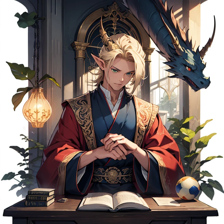 (((mature male))),((adult man)),(short pointed ears),blond hair,green eyes,(shoulder length hair),mage,fantasy setting,studies,surrounded by books,magic,flowing robes,mystical symbols,ancient texts,scrolls,(sat at desk),,ethereal glow,enchanting aura,magical orbs levitating in the air,mythical creatures,dragon figurines,spellbinding masterpiece,(((no bangs))),((forehead)),((upper body)),short Hair, soft painterly style, (white and red and blue robes), ((character focus)), Serious expression,Illustration,magic,(tired eyes), studying,three quarter view